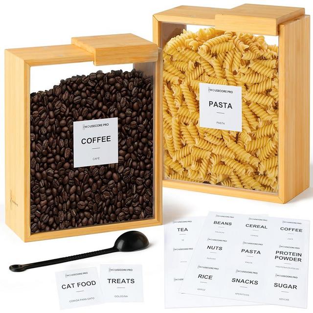 HouseCore Pro 2 Pack Bamboo Food Storage Containers – Large 2.75L Food Dispenser with Measuring Spoon, 18 Labels, 6 Freshness Stickers, Wood Pantry Organizers and Storage for Dry Goods, 9.50x7.25x4in