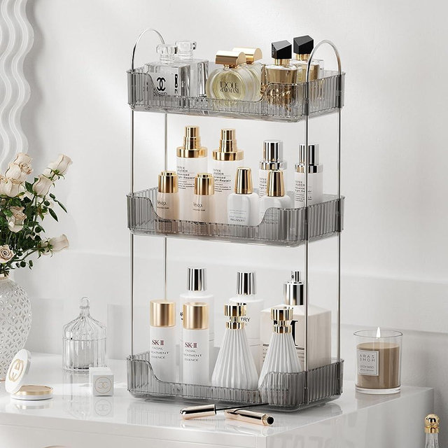 YCIA&DONE Bathroom Organizer Countertop 3 Tiers, Makeup Organizer Counter Storage, Skincare Cosmetics Shelf, Perfume Holder for Vanity Tray, Kitchen Organizers and Storage(Smoky Gray)