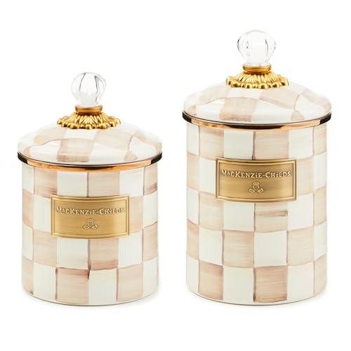 MACKENZIE-CHILDS Medium Enamel Canister Bundle with Small Enamel Canister, 48- and 38-Ounce Kitchen Containers, Brown-and-White Mocha Check