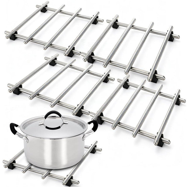 WUWEOT 4 Pcs Stainless Steel Trivet for Hot Dishes, 7"x7" Mini Cooling Rack, Heat-Resistant Steel Dining Protector Mats with Nylon Anti-Slip Feet for Hot Pots, Pans, and Bakeware