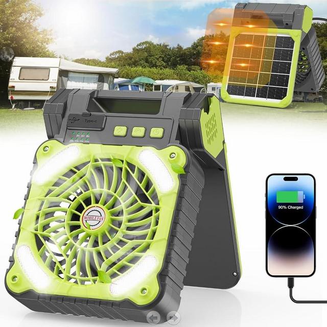DOWILLDO Solar Powered Fan for Camping, 10400mAh Rechargeable Battery Operated Portable Fan with LED Lantern, 4 Speeds Powerful Wind and 3 Timer Table Fan, for Picnic, Hurricane, Fishing (Green)