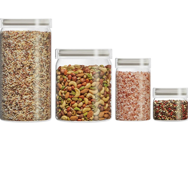 Pyrex 4-Pack Glass Canister Set - Dry Food Storage Containers with Lids for Kitchen and Pantry Organization