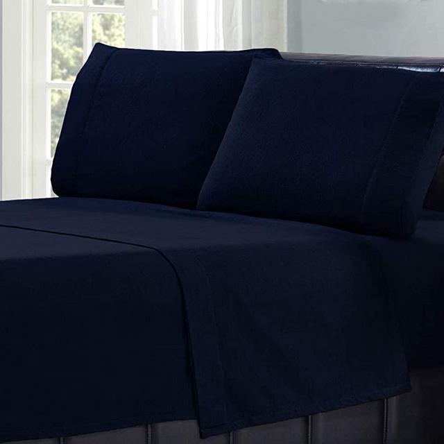 Mellanni 100% Cotton Flannel Sheet Set - Lightweight 4 pc Luxury Bed Sheets - Cozy, Soft, Warm, Breathable Bedding - Deep Pockets - All Around Elastic (King, Navy)