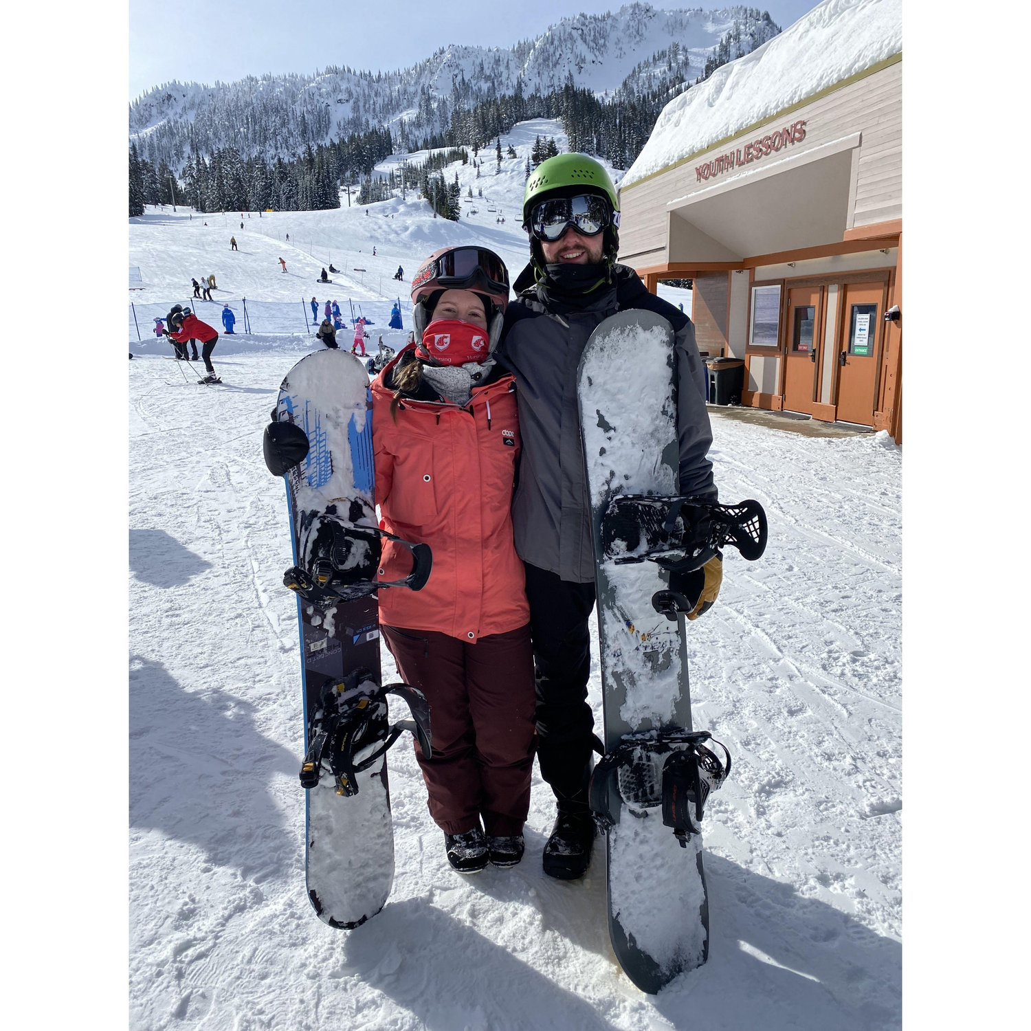 We enjoy snowboarding together