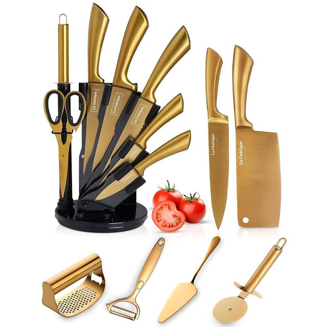 13-Piece Black and Golden Titanium-Coated Stainless Steel Kitchen Knifes, Super Sharp Knifes for Home Chefs with Block Rod Sharpener, peeler, garlic press, bottle opener, pizza cutter, & cake server