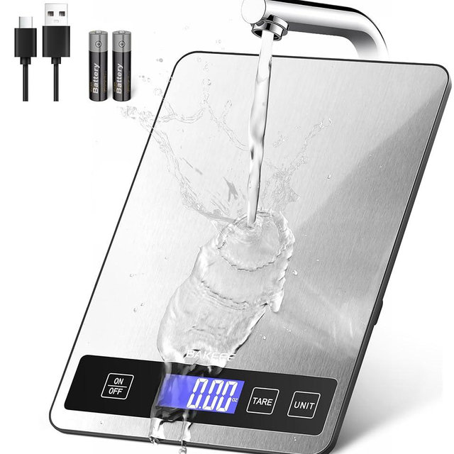BakFee Food Scale - 15kg/33lb Rechargeable Digital Kitchen Scale with Full-View LCD Display, Grams and Ounces, Type-C or Batteries, Easy Clean Stainless Steel, for Baking, Cooking & Meal Prep, Black