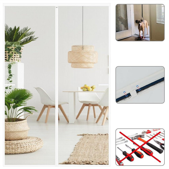 CHIYUNS Magnetic Screen Door Mesh 34 x 81.6 inch, Fit Door Size 32 x 80 inch, White Fiberglass Door Screen Magnetic Closure, Heavy Duty, Self Sealing, Keep Bugs Out, Pet and Kid Friendly