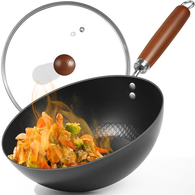 Carbon Steel Pan, 10.5-Inch Stir-Fry Woks & Pans Set with Glass Lid, 1.87lb Lightweight No Chemical Coated Flat Bottom Small Wok for All Stoves