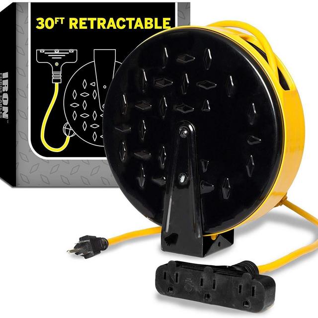 30Ft Retractable Extension Cord Reel with 3 Electrical Power Outlets - 16/3 Durable Yellow Cable - Perfect for Hanging from Your Garage Ceiling