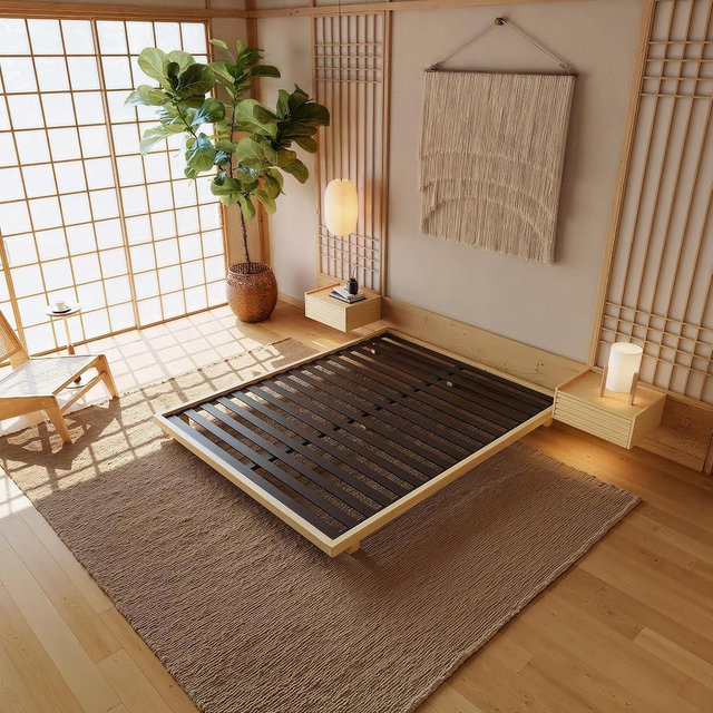 homary Japanese Style Bed Frame, 6.3" Low Profile Tatami Platform Bed Frame with Carbon Steel Slats & Wood-Finished Metal Floor Frame, No Box Spring Needed, Fits Queen Mattress