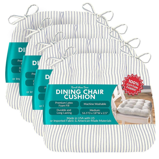 Barnett Home Decor Chair Cushions for Dining Chairs - 16.5x18 Kitchen Chair Cushions - Machine Washable, 100% Cotton, Made in USA - Latex Foam Chair Pads -Ticking Stripe Berlin Blue Medium Pack of 4