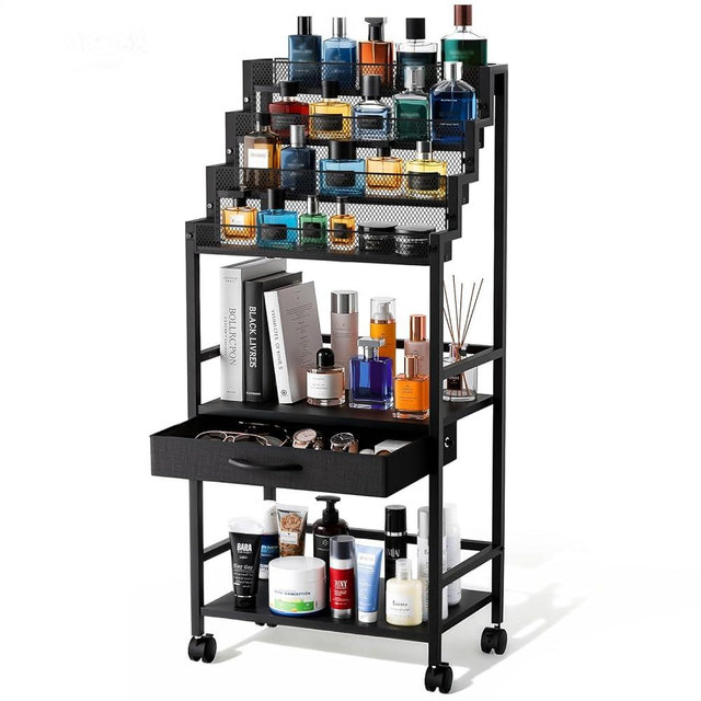 4-Tier Men's Cologne & Accessory Organizer with Drawer & Wheels, Sleek Industrial Wooden & Metal Perfume Display Rack for Cologne Bottles, Aftershave & Grooming Essentials, Multi-Functional Fragrance Storage Stand, Black