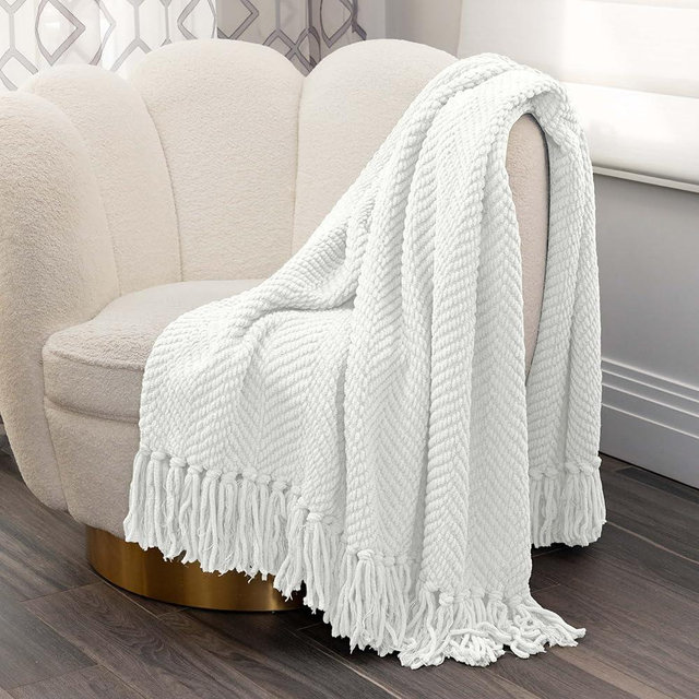 Nicole Miller Chloe Textured Soft Knit Throw Blanket with Tassels – for Home, Couch, Bed, Living Room - 50" x 60” (Ivory)