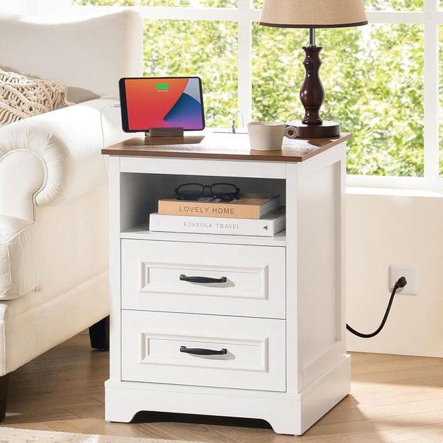 Curlaky Farmhouse Nightstand with Charging Station, Wood Night Stand with Drawers, Bedside Table, Nightstands with Open Storage Shelf, Rustic Night Stands for Bedroom, Closet, 18" Wide, 24" Tall
