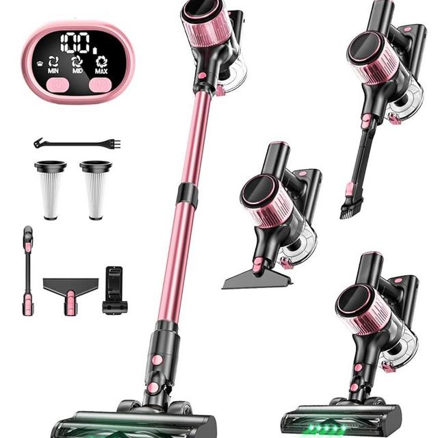 VICEASE Cordless Vacuum Cleaner, 8 in 1 Powerful Suction Lightweight Vacuum Cleaner for Home, LED Display, 3 Suction Modes, 45Mins Detachable Battery Vacuum for Hard Floor Carpet Pet Hair, Pink
