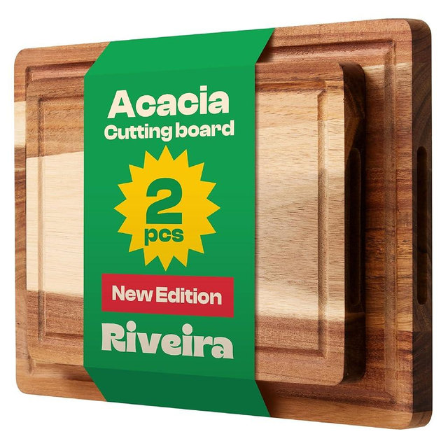 Riveira Acacia Wood Cutting Board – Versatile and Durable: Set Of 2 Pcs Rectangular Wooden Cutting Board – Natural Wooden Cutting Boards For Kitchen – Complete Acacia Wooden Chopping Board