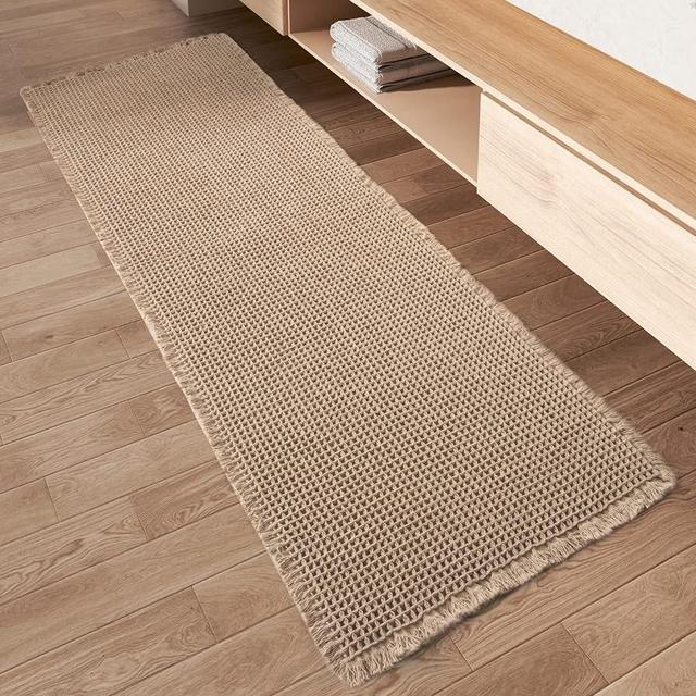 AMOAMI Upgraded Waffle Runner Rug, Super Absorbent Non Slip Bath Mats for Bathroom Floor, Machine Washable Bathroom Runner Rug with Tassels, Ideal for Hallway Bedroom Laundry Room, Brown, 2'x 6'