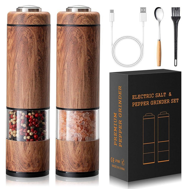 Electric Salt and Pepper Grinder Set Rechargeable – Automatic Salt and Pepper Shakers with Adjustable Coarseness, LED Light, One-Hand Operation Salt and Pepper Shakers Set (Wood Grain)