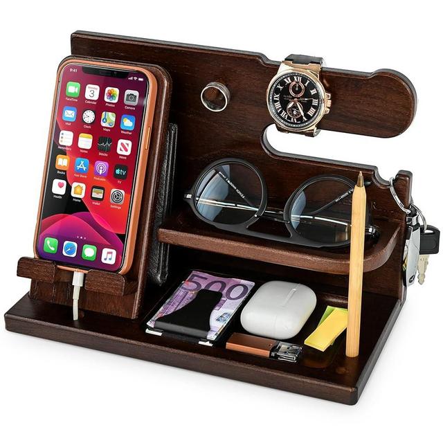 TESLYAR Wood Phone Docking Station for Men - Desk or Nightstand Organizer - Birthday Gifts for Husband, Dad - Anniversary Idea from Wife - Key Holder, Stand Wallet, Watch, Essentials (Chocolate Brown)