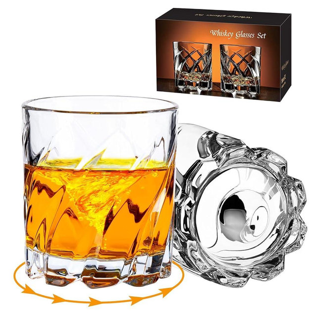 Ocean ice Spinning Whiskey Glasses set of 2, 10 oz Rotatable Old Fashioned Glass Cup, Cocktail Glass & Bourbon Glass & Rocks Glasses, Elegant Barware Gift for Whisky Scotch Lovers Dishwasher Safe