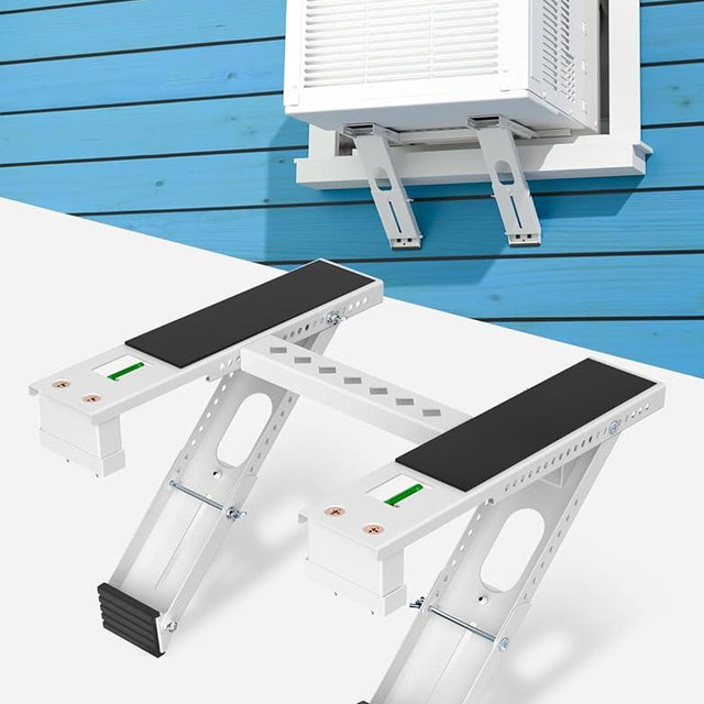 Plusluck Window Air Conditioner Support Bracket: Heavy Duty Window AC Bracket with 2 Arms, Up to 220 lbs - Universal Fit 5,000 to 24,000 BTU Window Units - Adjustable Crossbar Level Non-Slip Mat