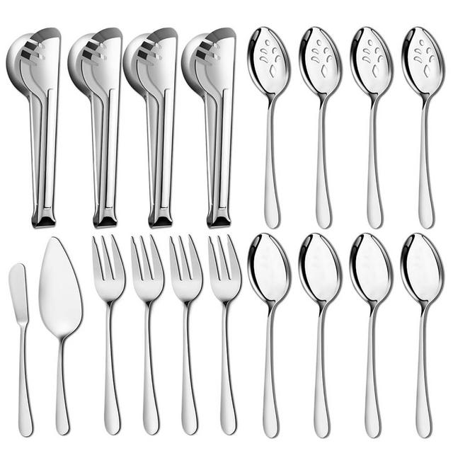 18 PCS Serving Utensils, Pleafind Stainless Steel Serving Utensils Set with Serving Spoons, Slotted Spoons, Serving Forks, Serving Tongs, Pie Server and Butter Knife for Parties Buffet Banquet