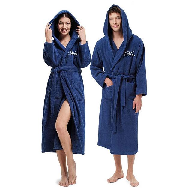 AW BRIDAL Terry Cloth Robe Hooded Bathrobes Turkish Cotton Towel Robe Lightweight with Embroidery for Men Women