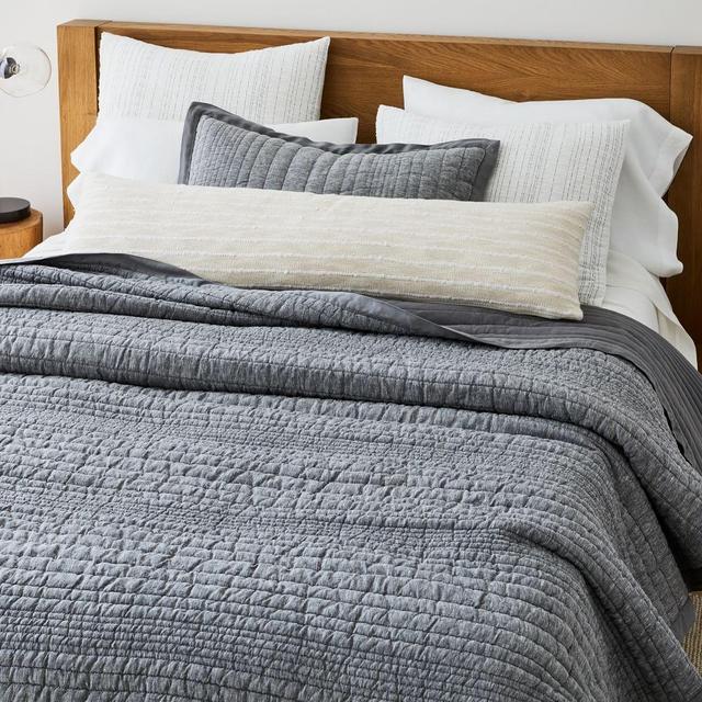 European Flax Linen Linework Quilt, Full/Queen Set, Slate Melange