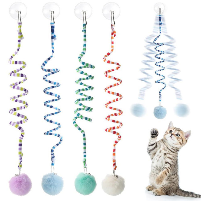Woanger 4 Pcs Cat Spring Toys Hanging Door Interactive Cat Toys with Bell Long Tail Stretchable Soft Plush Teaser Ball for Kitten Chase Play and Kill Time, Gradient