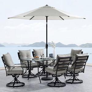 Hanover 7 -Piece Gray Patio Dining Set Steel Rectangle Table with 6 Gray Cushions Swivel Rocker Chairs and Umbrella Included
