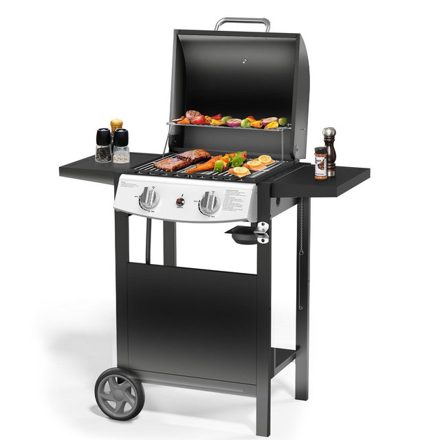 R.W.FLAME Propane Gas Grill 21000 BTU with 2-Burner,325 sq.in. Outdoor BBQ Grill for Barbecue Cooking with Top Cover Lid,Wheels,Side Storage Shelves