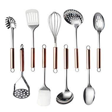 HOMQUEN Stainless Steel Kitchen Utensil Set, 9 - Cooking Utensils, Kitchen Gadgets Cookware Set, Best Gift - Kitchen Tool Set (Rose Gold Handle)