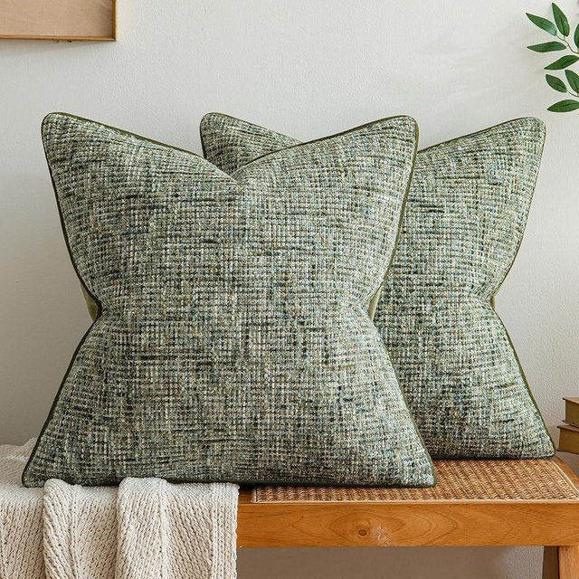 a moment Dark Green Reversible Pillow Covers 2 Pack - Farmhouse Chenille Velvet Throw Pillows, Neutral Textured Decorative Throw Pillow Covers with Border for Couch Sofa Bed (24x24 Inch, No Insert)
