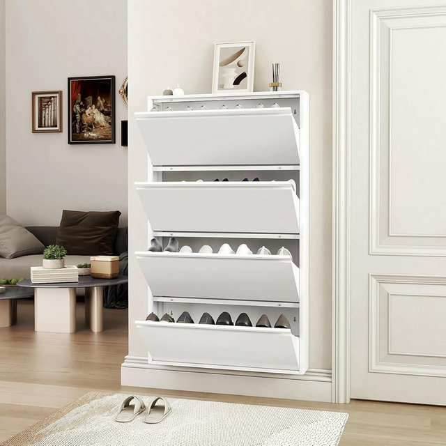 LUCYPAL Metal Shoe Cabinet with 4 Flip Drawers,Wall Shoe Cabinets for Entryway,Narrow Shoe Organizer Slim for Entryway,Foyer,Hallway,Living Room,White 56.9" H x31.5 W x 6" D