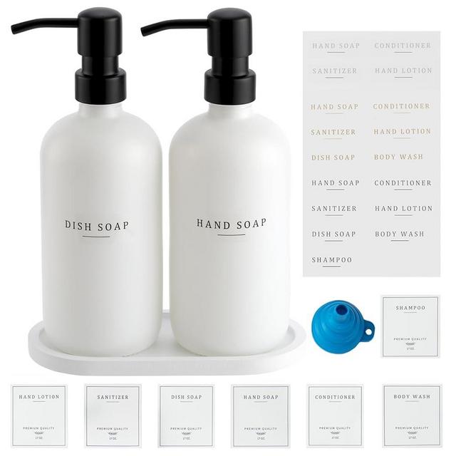 Glass Soap Dispenser - Dish Soap Dispenser for Kitchen and Hand Soap Dispenser Set, Bathroom Soap Dispenser with 304 Rust Proof Pump, Soap Dispenser for Kitchen with Tray, White Bottle/Black Pump