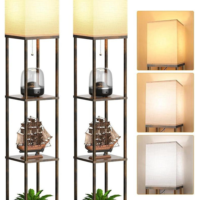 PARTPHONER Floor Lamp with Shelves for Living Room 2 Pack, Shelf Floor Lamp with 3 CCT LED Bulb, Corner Display Standing Column Lamp Etagere Organizer Tower Nightstand for Bedroom, Rustic Brown