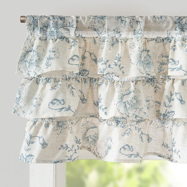 jinchan Ruffled Floral Valance Linen Shabby Chic Small Window Curtain 18 Inch Farmhouse Kitchen Valance for Bedroom Living Room Decor Cottage Rustic Window Treatments 1 Panel Blue on Beige