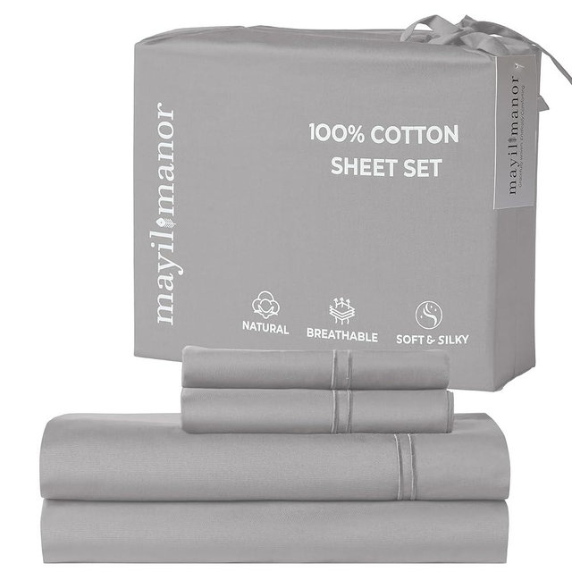 Mayil Manor 100% Natural Cotton Sheets Queen Size Bed Set | 500 TC Single-Ply Sateen Weave | Soft, Breathable, Hypoallergenic Solid 4-Piece Bedding with Deep Pocket Fitted, Flat, Pillowcase | Grey