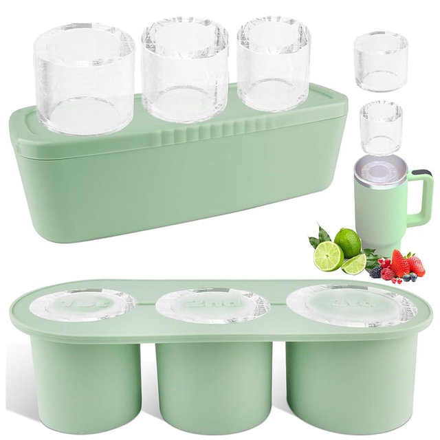 Fu Store Ice Cube Tray for 30-40 oz Tumbler Cup, 3pcs Silicone Ice Cube Molds With Lid and Bin for Chilling Cocktails, Whiskey, Drinks, Juice, Coffee, Easy Fill and Release Ice Maker (Green, 40 oz)