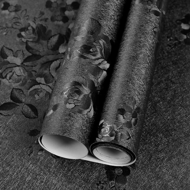 MANONIRIA Black Wallpaper Peel and Stick Contact Paper 17.3in x 118.1in Floral Embossed Removable Wallpaper Self-Adhesive Thicken Vinyl Waterproof Flower Textured Bedroom Living Room Wall Paper