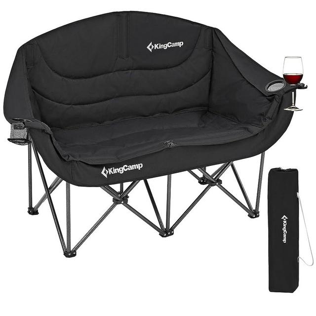 KingCamp Double Camping Chair Loveseat Heavy Duty for Adults Two Person Outdoor Folding Chairs with Cup Holder Wine Glass Holder Support 441lbs for Outside Picnic Beach Travel （Deep Black）