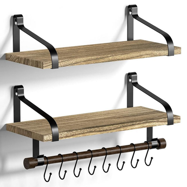 Love-KANKEI Floating Shelves Wall Mounted Set of 2, L17.3 x W7.3 Inch Storage Shelves with Wood Bar and 8 Removable Hooks for Kitchen, Coffee Bar,Bathroom, Bedroom, Living Room Carbonized Black