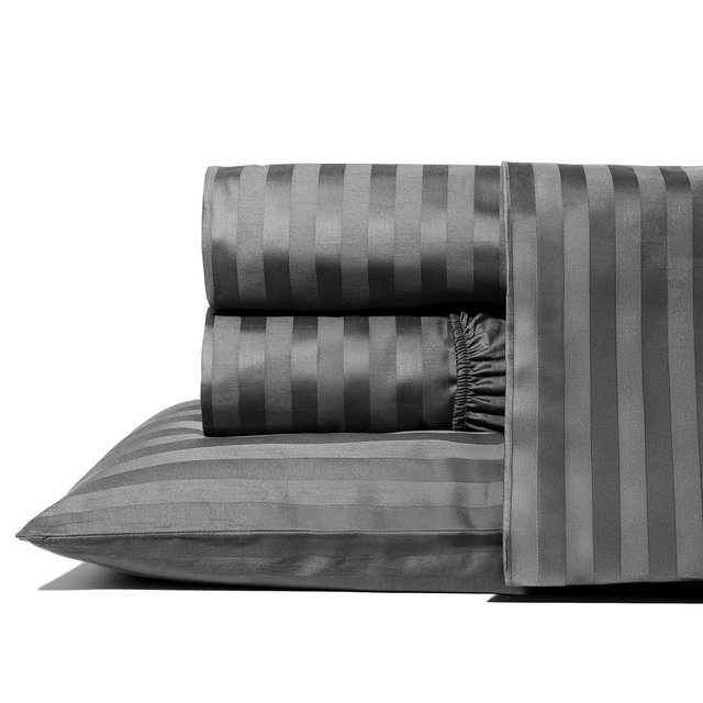 THREAD SPREAD Egyptian Cotton Sheets King Size - 1000 Series High Thread Count Cotton King Size Sheets Set (4 PC, Dark Grey - Stripe), 16" Snug Fit Deep Pocket, Sateen Ultra-Soft Hotel Luxury Sheets