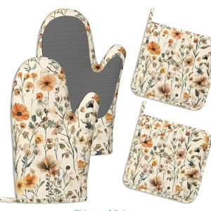 Kitchen Mitts Set,Rustic Floral Oven Mitts and Pot Holders Sets,Thick Cotton Heat Resistant Vintage Farmhouse Flower Hot Pan Holder Extra Long Cooking Mitts for Cooking Baking Grilling BBQ Bakeries