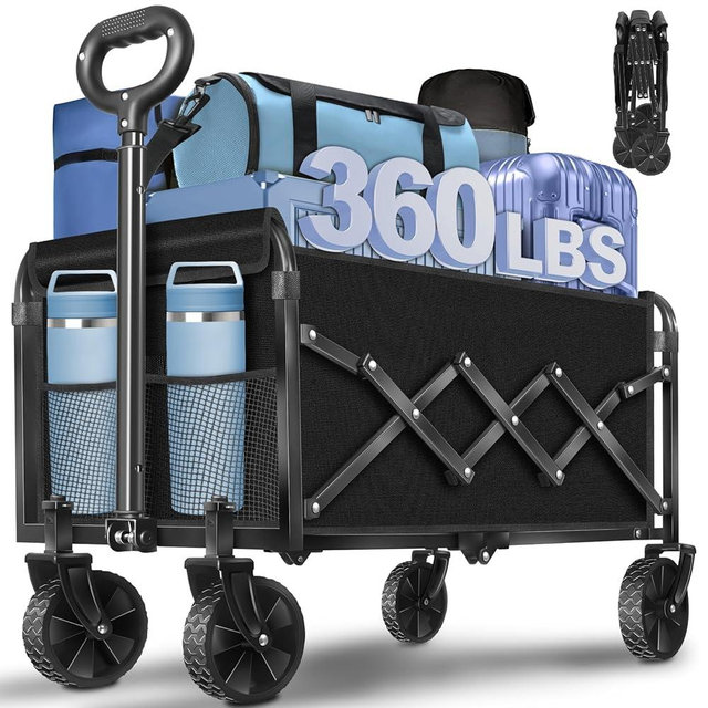 Wagons Carts Foldable, 360 Lbs with Adjustable Handle, Black Lightweight Portable, Collapsible Wagon for Beach Trip, Camping, Shopping, Sports, Travel, Picnic and Grocery (Dark Black)