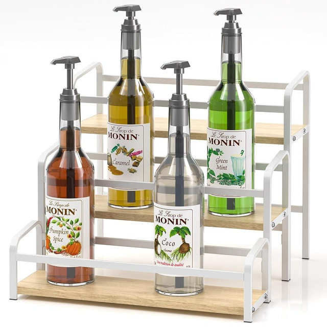 Coffee Syrup Organizer 3-Tier, 12 Bottles Capacity Coffee Syrup Rack, Syrup Stand for Spice, Wine, Liquor, Bottle, Coffee Bar Station Racks Magnetic, No installation (Light-colored wood, White)
