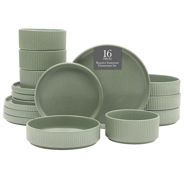 Gibson Elite Deerfield 16-Piece Stoneware Dinnerware Set – Matte Green Stackable Plates and Bowls, Reactive Glaze Finish, Service for 4 – Microwave & Dishwasher Safe