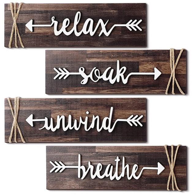 4 Pieces Bathroom Wall Art Soak Relax Unwind Breathe Farmhouse Wooden Signs Rustic bathroom Decor with Arrow Signs Hanging Vintage Bathroom Wall Decor for Home Laundry Room Bathroom (Brown)
