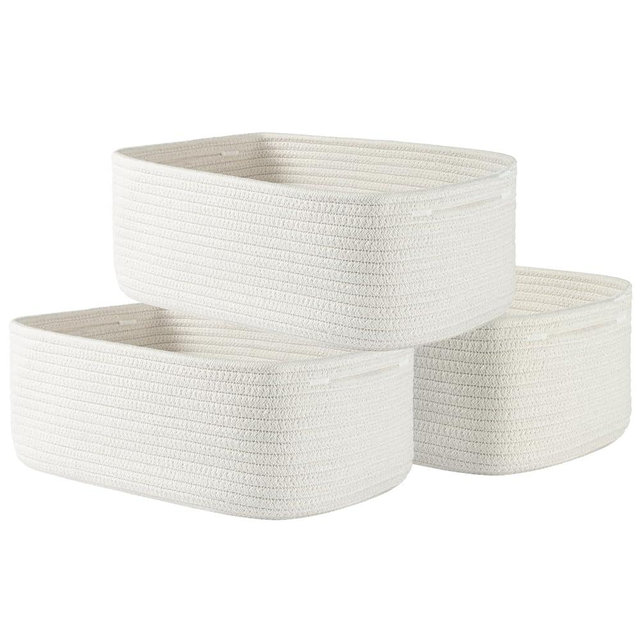 Small Woven Basket, 13.5 x 9.5 x 5 Inches, Storage Basket for Organizing, Cute Small Rope Shelf Closet Cube Storage Bins Baskets for Shelves, Dog Toy Gift Baskets Empty, 3 Packs, Off White