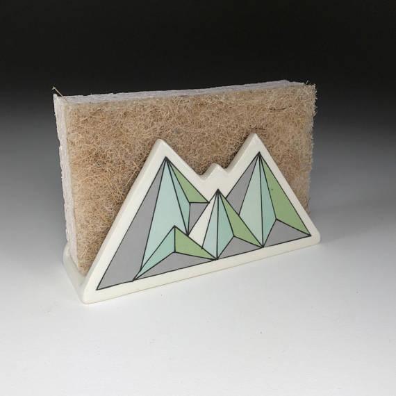 ceramic sponge holder/ mountain sponge dish/ porcelain pottery/ handmade wheel thrown/ green blue grey/ geometric mountain/ Julia Claire